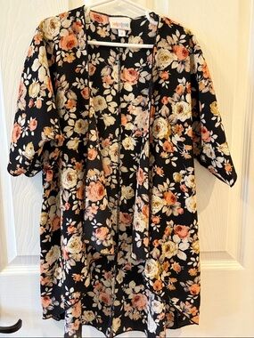 LuLaRoe Black Floral Kids Swim Coverup with Cream and Peach Roses